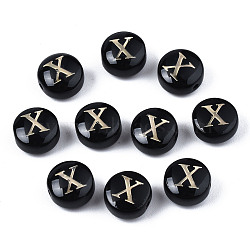 Handmade Lampwork Beads, with Golden Plated Brass Etched Metal Embellishments, Flat Round with Alphabet, Letter.X, 8x5mm, Hole: 0.8mm(LAMP-S196-001X)