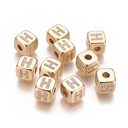 Brass Micro Pave Cubic Zirconia Beads, Horizontal Hole, Real 18K Gold Plated, Long-Lasting Plated, Cube with Letter, Clear, Letter.H, 9x9x9mm, Hole: 3.5mm(KK-K238-16G-H)