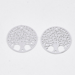 Brass Links connectors, Etched Metal Embellishments, Long-Lasting Plated, Flat Round with Tree of Life, Platinum, 16x0.3mm, Hole: 1mm(X-KKC-S001-007P)