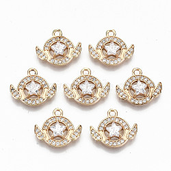 Brass Micro Pave Cubic Zirconia Pendants, Light Gold, Long-Lasting Plated, Cadmium Free & Lead Free, Flat Round with Star, Clear, 13x15x4mm, Hole: 1.6mm(X-KK-S359-031-RS)