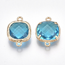 Transparent Glass Links connectors, with Brass Findings, Real 18K Gold Plated, Faceted Square, Blue, 18x13x6mm, Hole: 1mm(X-KK-T015-02A)