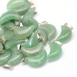 Moon Natural Green Aventurine Pendants, with Platinum Tone Brass Findings, 21~24x12~14x5~6mm, Hole: 2x7mm(X-G-Q369-03)