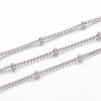 304 Stainless Steel Curb Chains, Satellite Chains, Soldered, with Rondelle Beads, Stainless Steel Color, 1.8x1.4x0.4mm