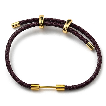 Brass Column Bar Link Bracelet with Leather Cords, Adjustable Bracelet for Women, Coconut Brown, Inner Diameter: 5/8~3 inch(1.6~7.5cm)