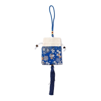 Brocade Sachet Bag, Drawstring Floral Embroidered Bag, Rectangle with Tassel, Blue, 42cm, Bag: 12.5x8.8x0.2cm, Bead: 0.8~0.9cm, Tassel: 12.5x1cm