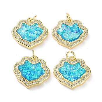 Rack Plating Brass Micro Pave Cubic Zirconia Pendants, Synthetic Opal Lock Charms with Jump Ring, Cadmium Free & Lead Free, Long-Lasting Plated, Real 18K Gold Plated, Cyan, 18x18x3mm, Hole: 3.4mm