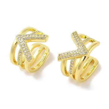 Brass Micro Pave Clear Cubic Zirconia Cuff Earrings for Women, V-Shaped, Real 18K Gold Plated, 19x12mm