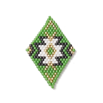 Handmade Loom Pattern MIYUKI Seed Beads, Rhombus with Flower Pendants, Medium Sea Green, 41.5x26.5x2mm, Hole: 0.8mm