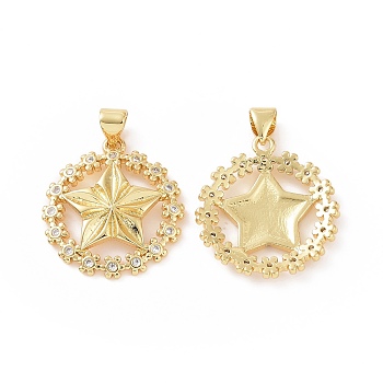 Brass Micro Pave Cubic Zirconia Pendants, Wreath with Star Charm, Golden, 27.5x21x3mm, Hole: 5x3mm