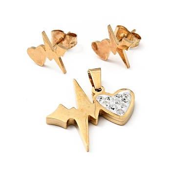 Heartbeat Stud Earrings with 316 Stainless Steel Pins and Crystal Rhinestone Pendant, Vacuum Plating 201 Stainless Steel Jewelry Set, Golden, 11x10.5mm, Pin: 0.7mm, 21x21.5x2.5mm, Hole: 5x2.5mm