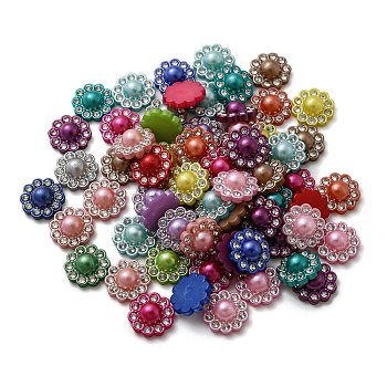 ABS Plastic Cabochons, with Rhinetsone, Flower, Mixed Color, 13.5x13.5x5.5mm