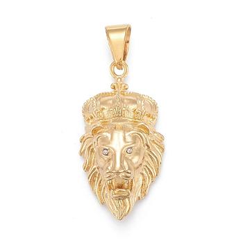 304 Stainless Steel Pendants, with Crystal Rhinestone, Lion Head with Crown, Golden, 48x25x14mm, Hole: 6x12mm