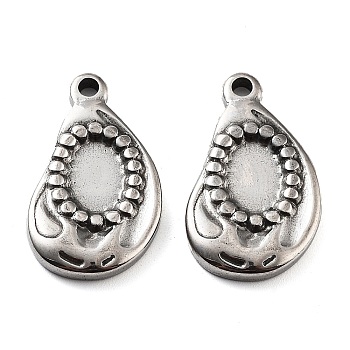 201 Stainless Steel Pendant Cabochon Settings, Teardrop Charm, Antique Silver, Tray: 8x6.5mm, 22x13x2.5mm, Hole: 1.8mm