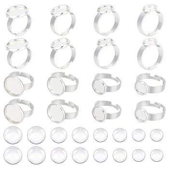 DIY Blank Dome Ring Making Kit, Including Adjustable 201 Stainless Steel Ring Settings, Half Round Glass Cabochons, Stainless Steel Color, 32Pcs/box