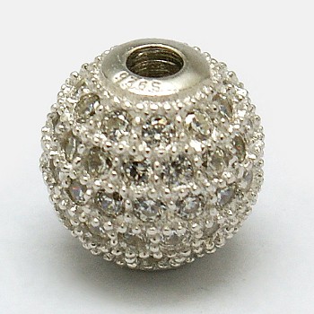 Round 925 Sterling Silver Beads, with Micro Pave Cubic Zirconia, Silver, 6mm, Hole: 1mm