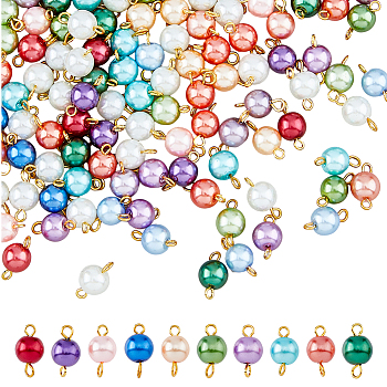 150Pcs 5 Colors Glass Imitation Pearl Connector Charms, with Golden Plated Double Iron Loops, Round Links, Mixed Color, 14x7.5mm, Hole: 1.8mm and 2.5mm, 30pc/color