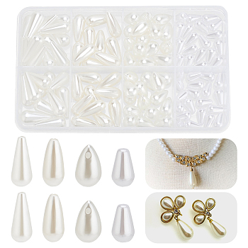 110pcs Teardrop ABS Plastic Imitation Pearl Beads, White, 10~19x6~8mm, Hole: 1~2mm