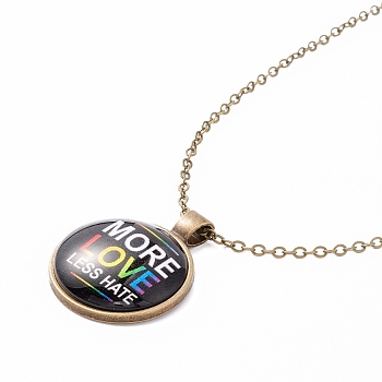 Rainbow Pride Necklace, More Love Less Hate Word Flat RoundPendant Necklace for Men Women, Antique Bronze, Word, 20.08 inch(51cm) 