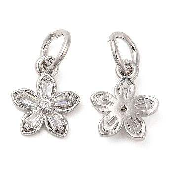 Rack Plating Brass Pave Clear Cubic Zirconia Flower Charms, with Jump Ring, Long-Lasting Plated, Lead Free & Cadmium Free, Platinum, 11x9x2.5mm, Hole: 4mm