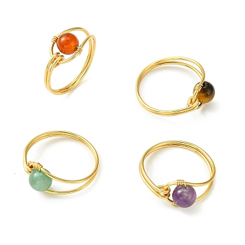 4Pcs 4 Style Natural Mixed Gemstone Round Braided Bead Rings Set, Copper Wire Wrap Rings, Light Gold, Inner Diameter: 18.5~19mm, 1Pc/style