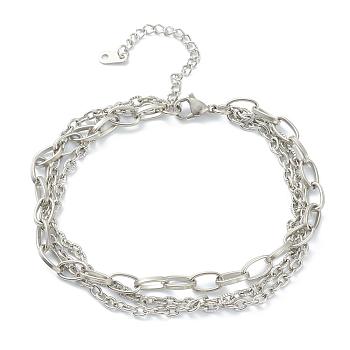 304 Stainless Steel Cable Chain Multi-strand Bracelets, with Lobster Claw Clasps, Textured, Stainless Steel Color, 8-3/8 inch(21.3cm)