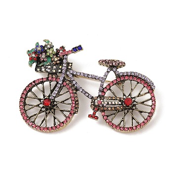 Alloy Rhinestone Flower Bicycle Brooches, Antique Bronze, Colorful, 49x71mm