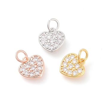 Brass Micro Pave Cubic Zirconia Charms, Heart, Clear, Mixed Color, 10x10x1.8mm, Hole: 3mm