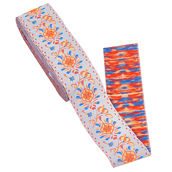 10 Yards Ethnic Style Embroidery Polyester Ribbons, Floral & Leaf Pattern, Orange, 2 inch(50mm)
