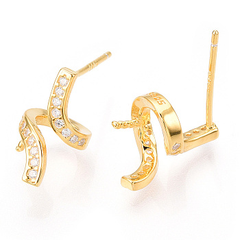 925 Sterling Silver Stud Earring Findings Micro Pave Cubic Zirconia, for Half Drilled Beads, with S925 Stamp, Wave, Real 18K Gold Plated, 12x9x1mm,Pin: 0.7×12mm