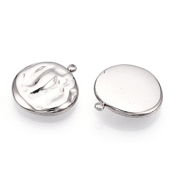 304 Stainless Steel Pendants,  Manual Polishing, Textured, Flat Round Charm, Stainless Steel Color, 19.5x17.5x4mm, Hole: 1.6mm