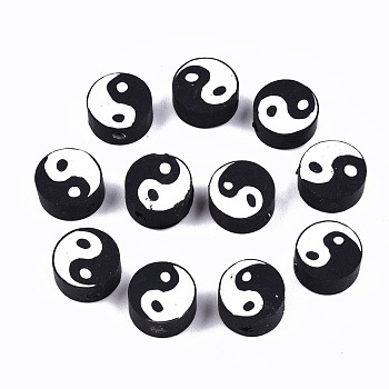 Handmade Polymer Clay Beads, Flat Round with Yin Yang, Black, 9~10x9~10x4~7mm, Hole: 2mm
