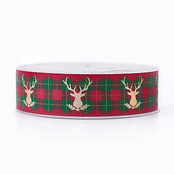 Polyester Grosgrain Ribbon for Christmas Reindeer/Stag, Dark Red, 25mm, about 100yards/roll