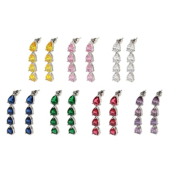 Rack Plating Platinum Tone Brass Cubic Zirconia/Glass Studs Earrings for Women, Teardrop, Mixed Color, 41x7mm