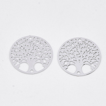 Brass Links connectors, Etched Metal Embellishments, Long-Lasting Plated, Flat Round with Tree of Life, Platinum, 16x0.3mm, Hole: 1mm