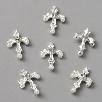 Alloy Rhinestone Cabochons, with ABS Plastic Imitation Pearl Beads, Nail Art Decoration Accessories, Cross, Silver, 14.5x10x3.5mm