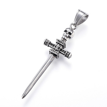 316 Surgical Stainless Steel Big Pendants, Sword with Skull, Antique Silver, 58x20x7mm, Hole: 7x10mm