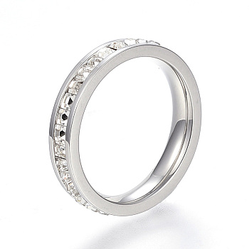 304 Stainless Steel Finger Rings, with Rhinestones, Stainless Steel Color, Size 7, 17mm