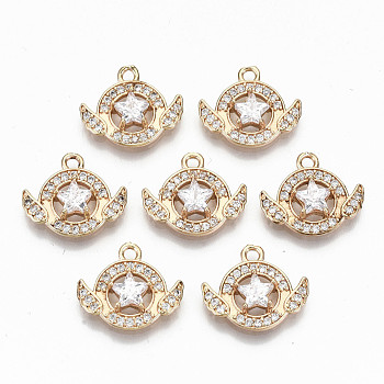 Brass Micro Pave Cubic Zirconia Pendants, Light Gold, Long-Lasting Plated, Cadmium Free & Lead Free, Flat Round with Star, Clear, 13x15x4mm, Hole: 1.6mm