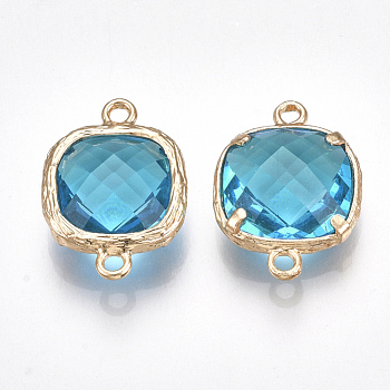 Transparent Glass Links connectors, with Brass Findings, Real 18K Gold Plated, Faceted Square, Blue, 18x13x6mm, Hole: 1mm