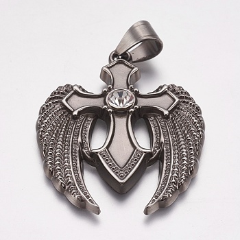 304 Stainless Steel Pendants, with Rhinestone, Wing with Cross, Crystal, Antique Silver, 39x49x5mm, Hole: 7x9mm