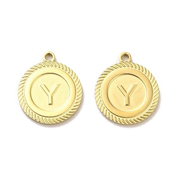 304 Stainless Steel Pendants, Flat Round with Letter Y Charms, Real 14K Gold Plated, 19.5x16.5x1mm, Hole: 1.4mm