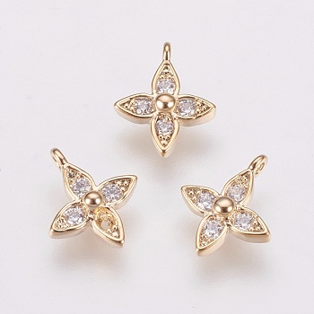 Brass Micro Pave Cubic Zirconia Charms, Long-Lasting Plated, Flower, Nickel Free, Real 18K Gold Plated, 8.5x7x2mm, Hole: 0.7mm