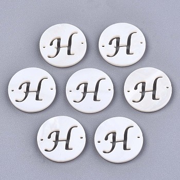 Natural Freshwater Shell Links Connectors, Flat Round with Letter, Letter.H, 14.5x1.5mm, Hole: 0.9mm