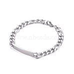 667 Stainless Steel Figaro Chain ID Bracelets, with 304 Stainless Steel Lobster Claw Clasps & Rectangle Link, Stainless Steel Color, 8-5/8 inch(22cm)(BJEW-G631-05P-1)
