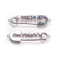 Mother's Day Theme, Brass Micro Pave Cubic Zirconia Links, Safety Pin Shape with Word MOM, Colorful, Platinum, 10x38.5x2.5mm, Hole: 1.5mm(ZIRC-I021-04P)
