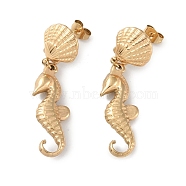 Texture Sea Horse 304 Stainless Steel Dangle Earrings, Shell Shape Stud Earring for Women, Real 18K Gold Plated, 45x12.5mm(EJEW-L283-024G)
