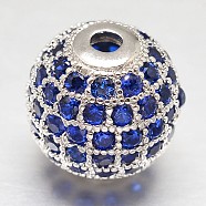 CZ Brass Micro Pave Cubic Zirconia Round Beads, Platinum, 10mm, Hole: 2mm(ZIRC-L017-10mm-09P)