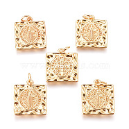 Brass Pendants, with Jump Rings, Hammered, for religion, Saint Benedict Medal, Square, Golden, 17x15x2mm, Jump Rings: 3mm Inner Diameter(KK-D159-19G)