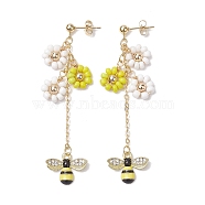 Spring Flower & Bees Alloy Enamel Dangle Stud Earrings, Glass Beaded Tassel Earrings for Women, Golden, 69x22mm(EJEW-TA00498)