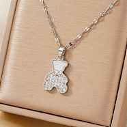 Brass Full Crystal Rhinestone Cute Delicate Bear Pendant Dapped Chain Necklaces for Women, Platinum, 15.75 inch(40cm)(SV1086-1)